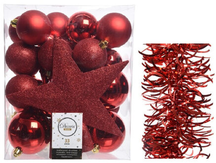 Decoris Kerstversiering kerstballen 5-6-8 cm met ster piek en golf folieslingers pakket rood van 35x stuks