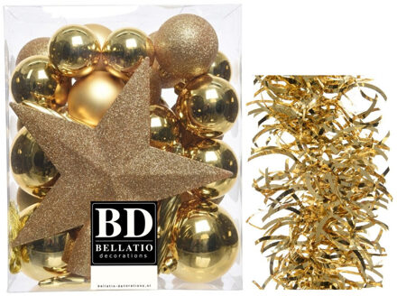 Decoris Kerstversiering kerstballen 5-6-8 cm met ster piek en golf slingers pakket goud van 35x stuks