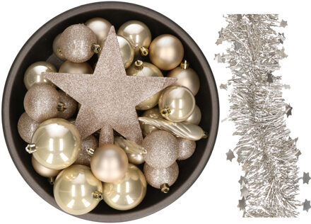 Decoris Kerstversiering kerstballen 5-6-8 cm met ster piek en sterren slingers pakket champagne 35x stuks