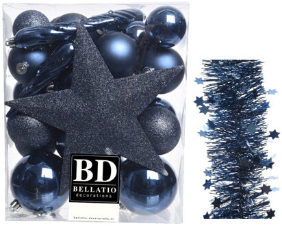 Decoris Kerstversiering kerstballen 5-6-8 cm met ster piek en sterren slingers pakket donkerblauw 35x stuks