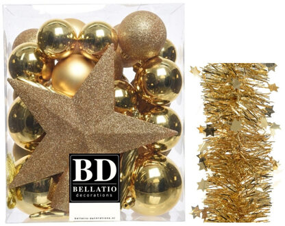 Decoris Kerstversiering kerstballen 5-6-8 cm met ster piek en sterren slingers pakket goud van 35x stuks - Kerstbal Goudkleurig