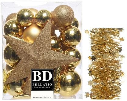 Decoris Kerstversiering kerstballen 5-6-8 cm met ster piek en sterren slingers pakket goud van 35x stuks