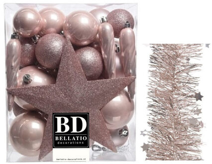 Decoris Kerstversiering kerstballen 5-6-8 cm met ster piek en sterren slingers pakket lichtroze 35x stuks