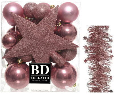 Decoris Kerstversiering kerstballen 5-6-8 cm met ster piek en sterren slingers pakket oud roze van 35x stuks - Kerstbal