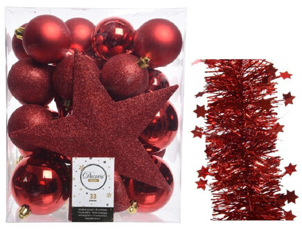 Decoris Kerstversiering kerstballen 5-6-8 cm met ster piek en sterren slingers pakket rood van 35x stuks - Kerstbal