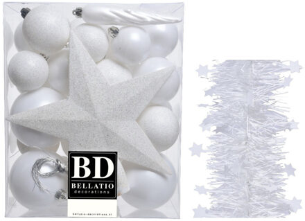 Decoris Kerstversiering kerstballen 5-6-8 cm met ster piek en sterren slingers pakket winter wit 35x stuks