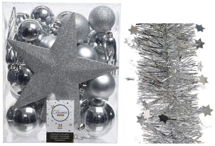Decoris Kerstversiering kerstballen 5-6-8 cm met ster piek en sterren slingers pakket zilver van 35x stuks