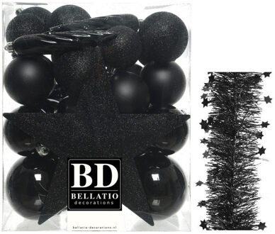 Decoris Kerstversiering kerstballen 5-6-8 cm met ster piek en sterren slingers pakket zwart van 35x stuks