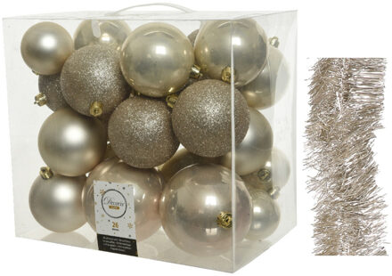 Decoris Kerstversiering kerstballen 6-8-10 cm met folieslingers pakket parel/champagne van 28x stuks - Kerstbal Champagnekleurig