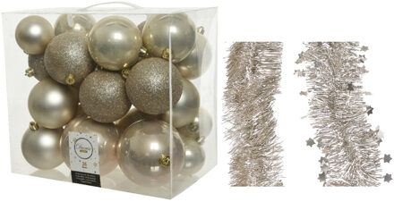 Decoris Kerstversiering kerstballen 6-8-10 cm met folieslingers pakket parel/champagne van 28x stuks - Kerstbal Champagnekleurig