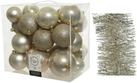 Decoris Kerstversiering kerstballen 6-8-10 cm met folieslingers pakket parel/champagne van 28x stuks - Kerstbal Champagnekleurig