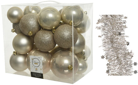 Decoris Kerstversiering kerstballen 6-8-10 cm met sterren folieslingers pakket parel/champagne van 28x stuks - Kerstbal Champagnekleurig