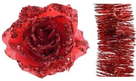 Decoris Kerstversiering kunststof glitter bloemen op clip 14 cm en folieslingers pakket kerst rood 5x stuks - Kersthangers