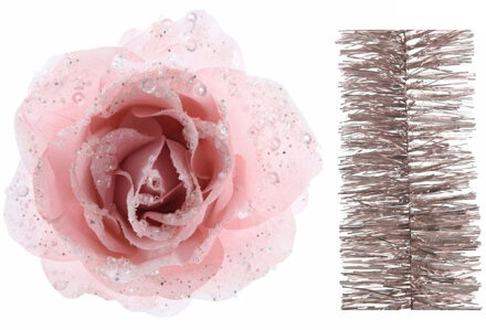 Decoris Kerstversiering kunststof glitter bloemen op clip 14 cm en folieslingers pakket lichtroze 5x stuks - Kersthangers