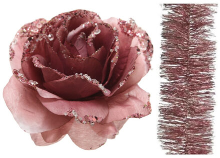 Decoris Kerstversiering kunststof glitter bloemen op clip 14 cm en folieslingers pakket oud roze 5x stuks - Kersthangers