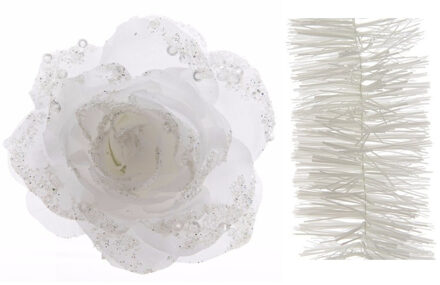 Decoris Kerstversiering kunststof glitter bloemen op clip 14 cm en folieslingers pakket winter wit 5x stuks