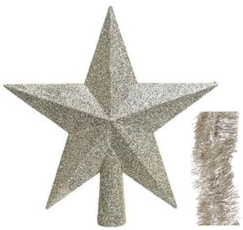 Decoris Kerstversiering kunststof glitter ster piek 19 cm en folieslingers pakket champagne van 3x stuks