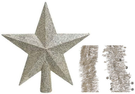 Decoris Kerstversiering kunststof glitter ster piek 19 cm en folieslingers pakket champagne van 3x stuks