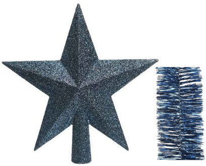 Decoris Kerstversiering kunststof glitter ster piek 19 cm en folieslingers pakket donkerblauw van 3x stuks