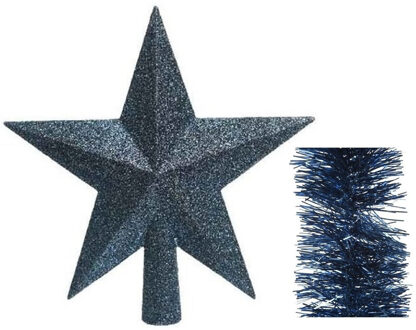Decoris Kerstversiering kunststof glitter ster piek 19 cm en folieslingers pakket donkerblauw van 3x stuks