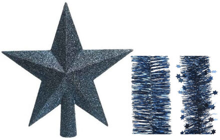 Decoris Kerstversiering kunststof glitter ster piek 19 cm en folieslingers pakket donkerblauw van 3x stuks