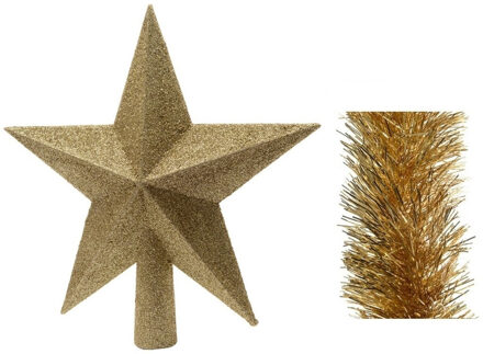 Decoris Kerstversiering kunststof glitter ster piek 19 cm en folieslingers pakket goud van 3x stuks - kerstboompieken Goudkleurig