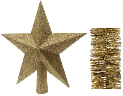 Decoris Kerstversiering kunststof glitter ster piek 19 cm en folieslingers pakket goud van 3x stuks