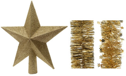 Decoris Kerstversiering kunststof glitter ster piek 19 cm en folieslingers pakket goud van 3x stuks
