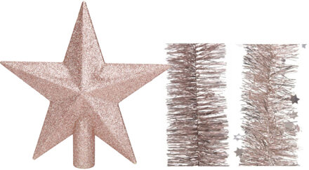 Decoris Kerstversiering kunststof glitter ster piek 19 cm en folieslingers pakket lichtroze van 3x stuks