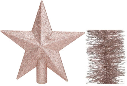 Decoris Kerstversiering kunststof glitter ster piek 19 cm en folieslingers pakket lichtroze van 3x stuks