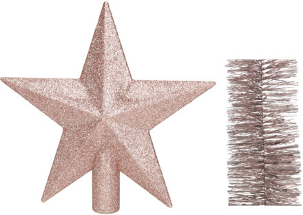 Decoris Kerstversiering kunststof glitter ster piek 19 cm en folieslingers pakket lichtroze van 3x stuks