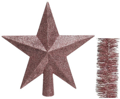 Decoris Kerstversiering kunststof glitter ster piek 19 cm en folieslingers pakket oud roze van 3x stuks