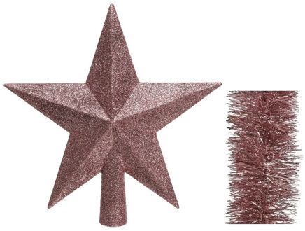 Decoris Kerstversiering kunststof glitter ster piek 19 cm en folieslingers pakket oud roze van 3x stuks