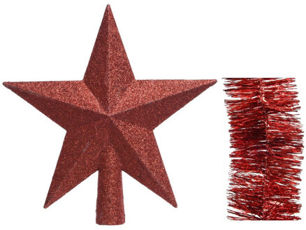 Decoris Kerstversiering kunststof glitter ster piek 19 cm en folieslingers pakket rood van 3x stuks