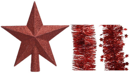 Decoris Kerstversiering kunststof glitter ster piek 19 cm en folieslingers pakket rood van 3x stuks