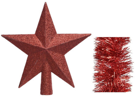 Decoris Kerstversiering kunststof glitter ster piek 19 cm en folieslingers pakket rood van 3x stuks
