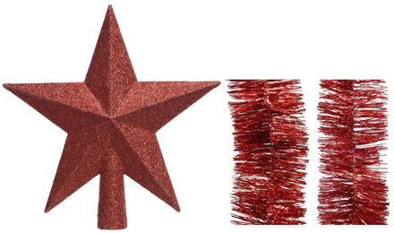Decoris Kerstversiering kunststof glitter ster piek 19 cm en folieslingers pakket rood van 3x stuks