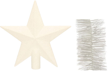 Decoris Kerstversiering kunststof glitter ster piek 19 cm en folieslingers pakket winter wit van 3x stuks