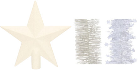 Decoris Kerstversiering kunststof glitter ster piek 19 cm en folieslingers pakket winter wit van 3x stuks