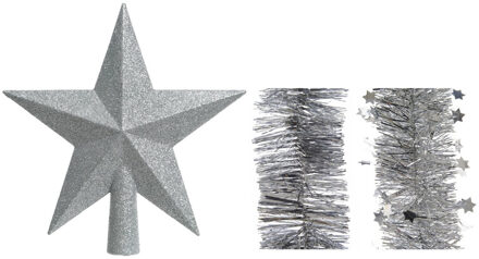 Decoris Kerstversiering kunststof glitter ster piek 19 cm en folieslingers pakket zilver van 3x stuks - kerstboompieken Zilverkleurig