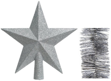 Decoris Kerstversiering kunststof glitter ster piek 19 cm en folieslingers pakket zilver van 3x stuks