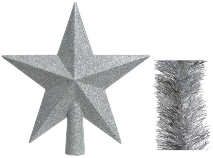 Decoris Kerstversiering kunststof glitter ster piek 19 cm en folieslingers pakket zilver van 3x stuks