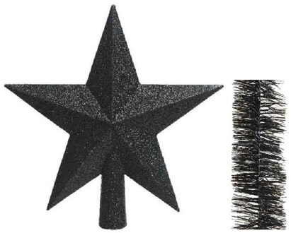 Decoris Kerstversiering kunststof glitter ster piek 19 cm en folieslingers pakket zwart van 3x stuks