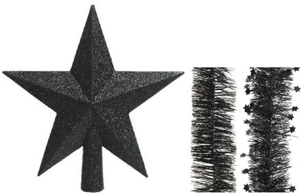 Decoris Kerstversiering kunststof glitter ster piek 19 cm en folieslingers pakket zwart van 3x stuks