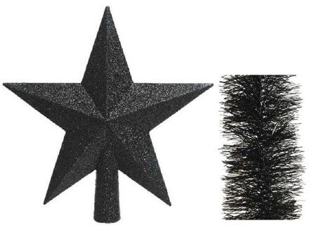 Decoris Kerstversiering kunststof glitter ster piek 19 cm en folieslingers pakket zwart van 3x stuks
