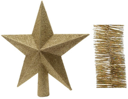 Decoris Kerstversiering kunststof glitter ster piek 19 cm en glitter folieslingers pakket goud van 3x stuks
