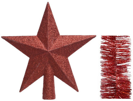 Decoris Kerstversiering kunststof glitter ster piek 19 cm en glitter folieslingers pakket rood van 3x stuks