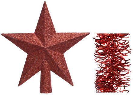 Decoris Kerstversiering kunststof glitter ster piek 19 cm en golf folieslingers pakket rood van 3x stuks