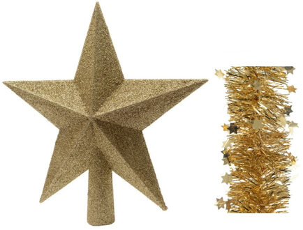 Decoris Kerstversiering kunststof glitter ster piek 19 cm en sterren folieslingers pakket goud van 3x stuks - kerstboompieken Goudkleurig