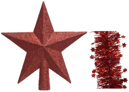 Decoris Kerstversiering kunststof glitter ster piek 19 cm en sterren folieslingers pakket rood van 3x stuks